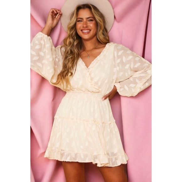 Peach Love Southern Belle Cream V Neck Smocked Waist Long Sleeve Mini Dress - Picture 7 of 8